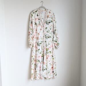 NWT Caroline Constas White Floral Print Long Sleeve Midi Maxi Linen Dress, sz M